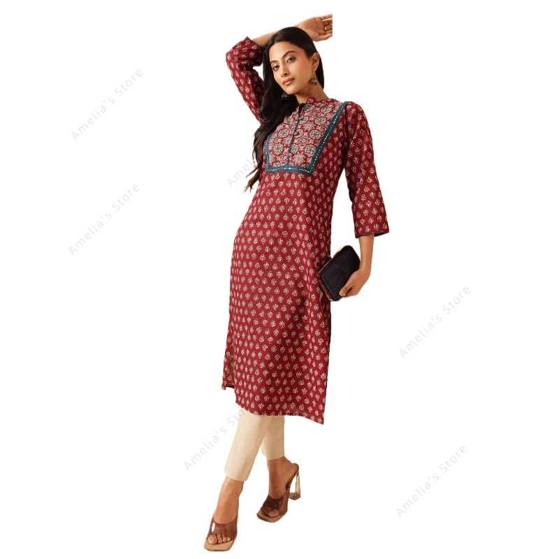 Summer Clothing Pakistan - Kurta Feminina Étnica Marrom Floral para