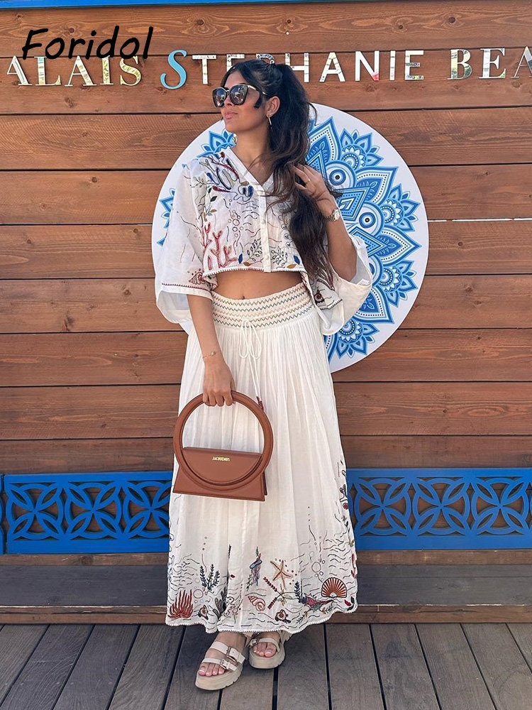 Summer Linen Clothing For Women - Foridol-Conjunto maxi saia manga batwing, vestido