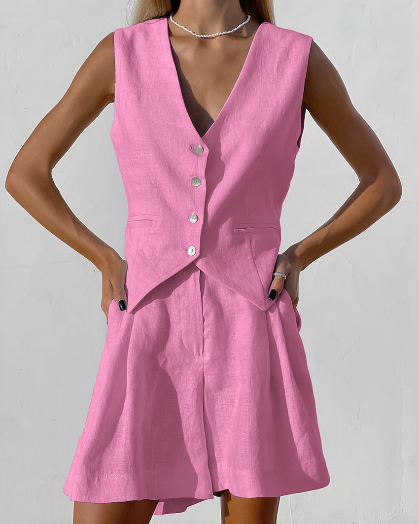 2025 novo terno colete + short - Summer Linen Clothing For Women avaliação e preço
