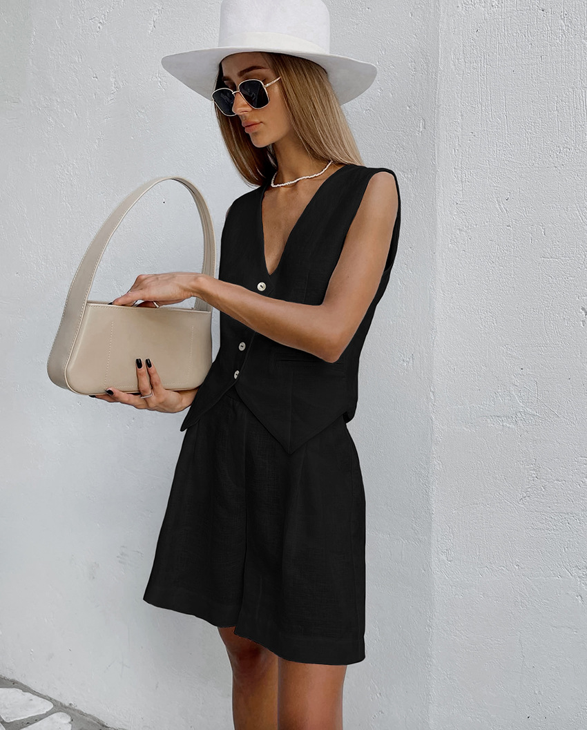 2025 novo terno colete + short - Summer Linen Clothing For Women avaliação e preço